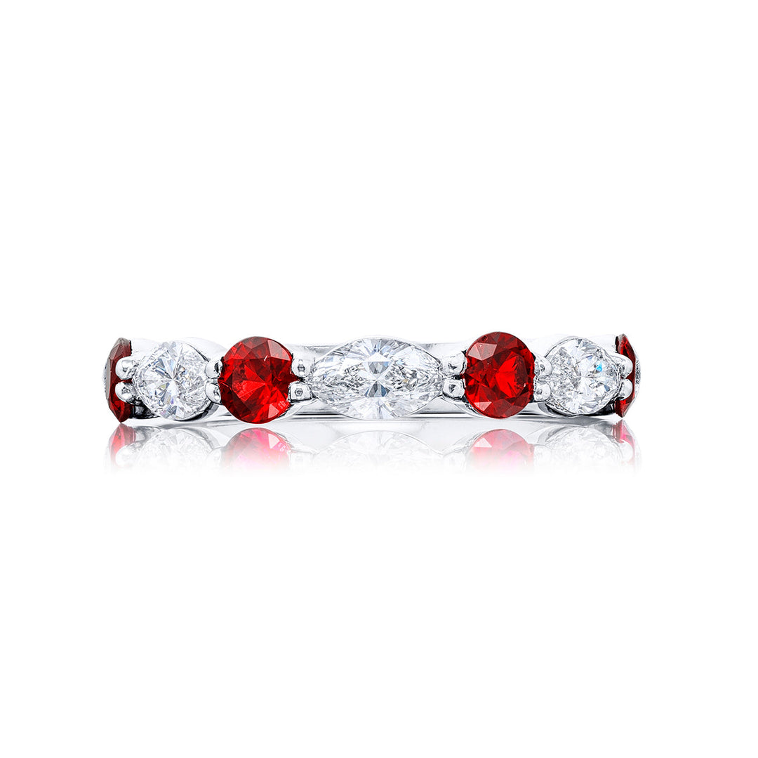 Classic Single-Row East-West Ruby and Diamond Band | Round Rubies and Marquise Diamonds in Platinum
