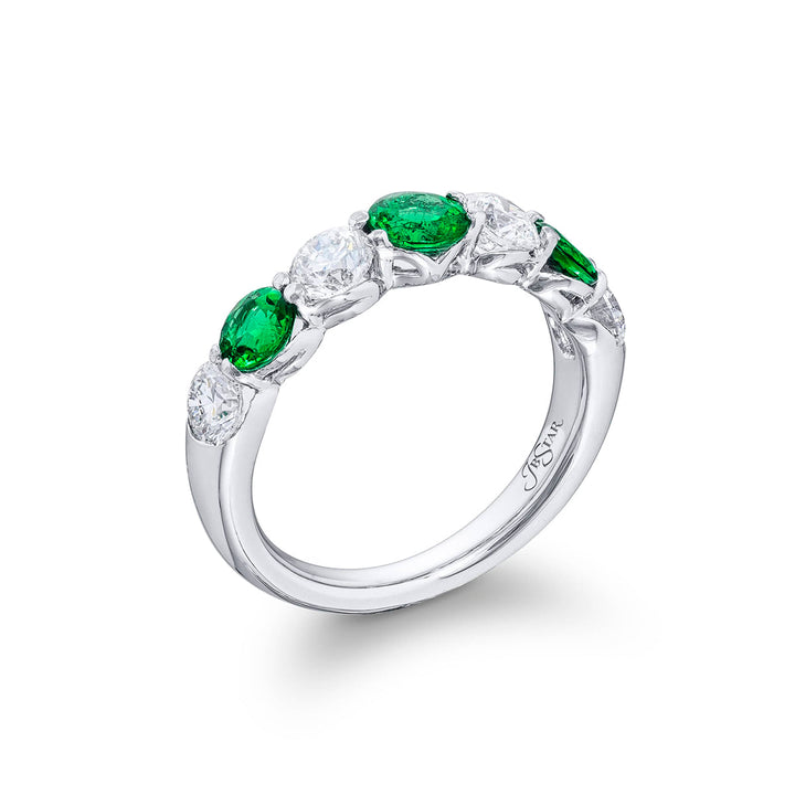 Elegance Elevated: Classic Single-Row Emerald and Diamond Band in Platinum