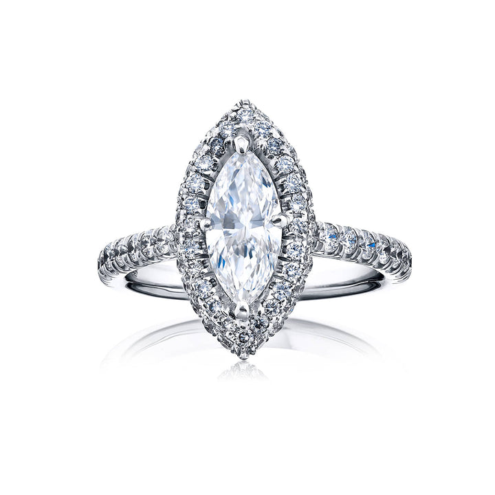 Certified Marquise-Cut Diamond Ring with Micro Pave Halo in Platinum
