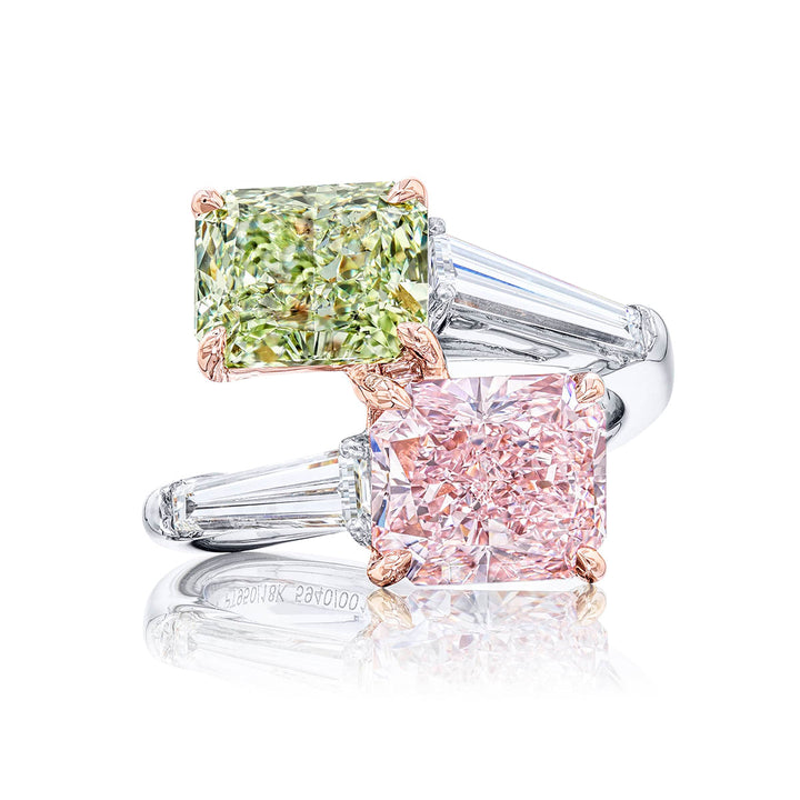 Platinum Radiant-Cut Fancy Pink and Green Certified Diamond Twogether Ring