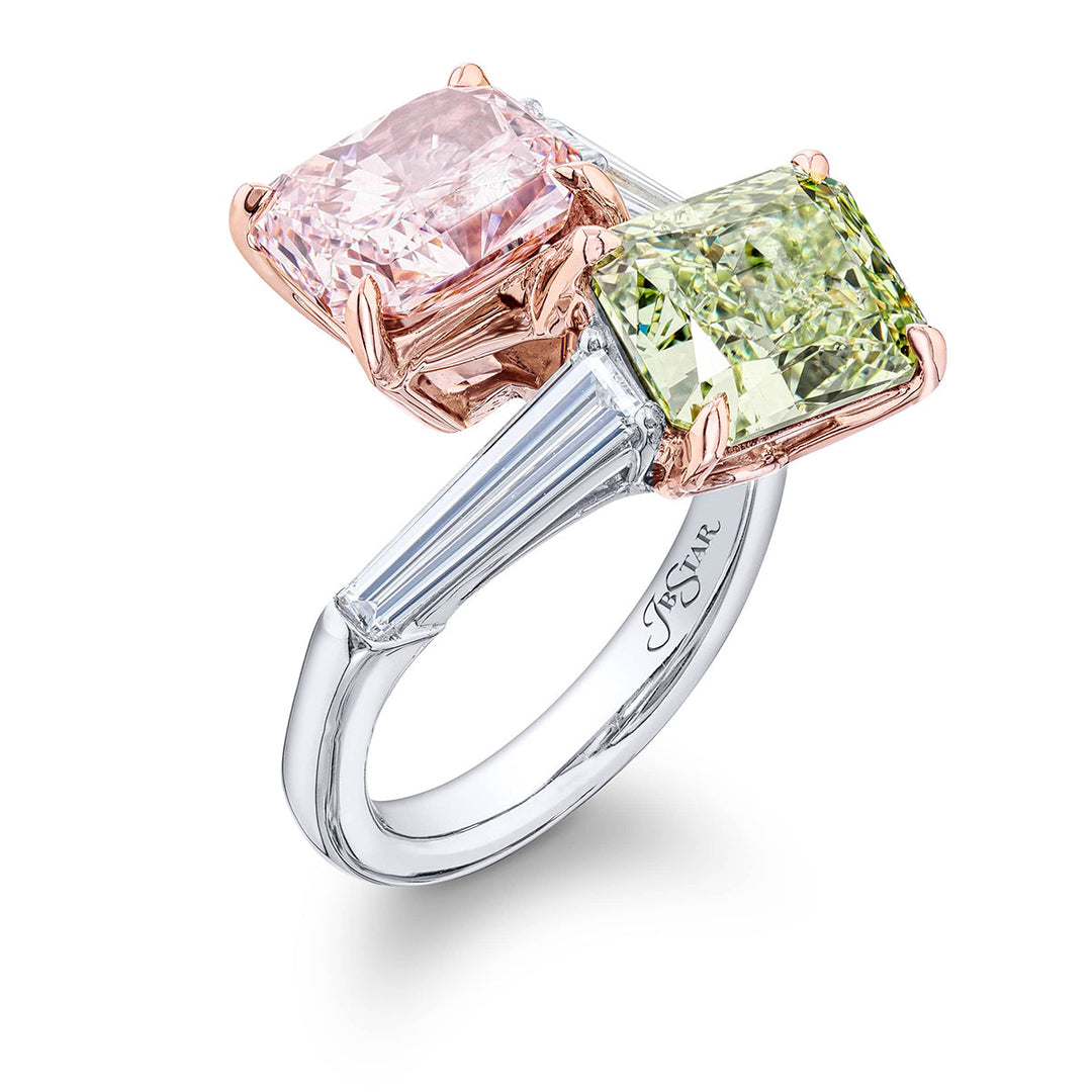 Platinum Radiant-Cut Fancy Pink and Green Certified Diamond Twogether Ring