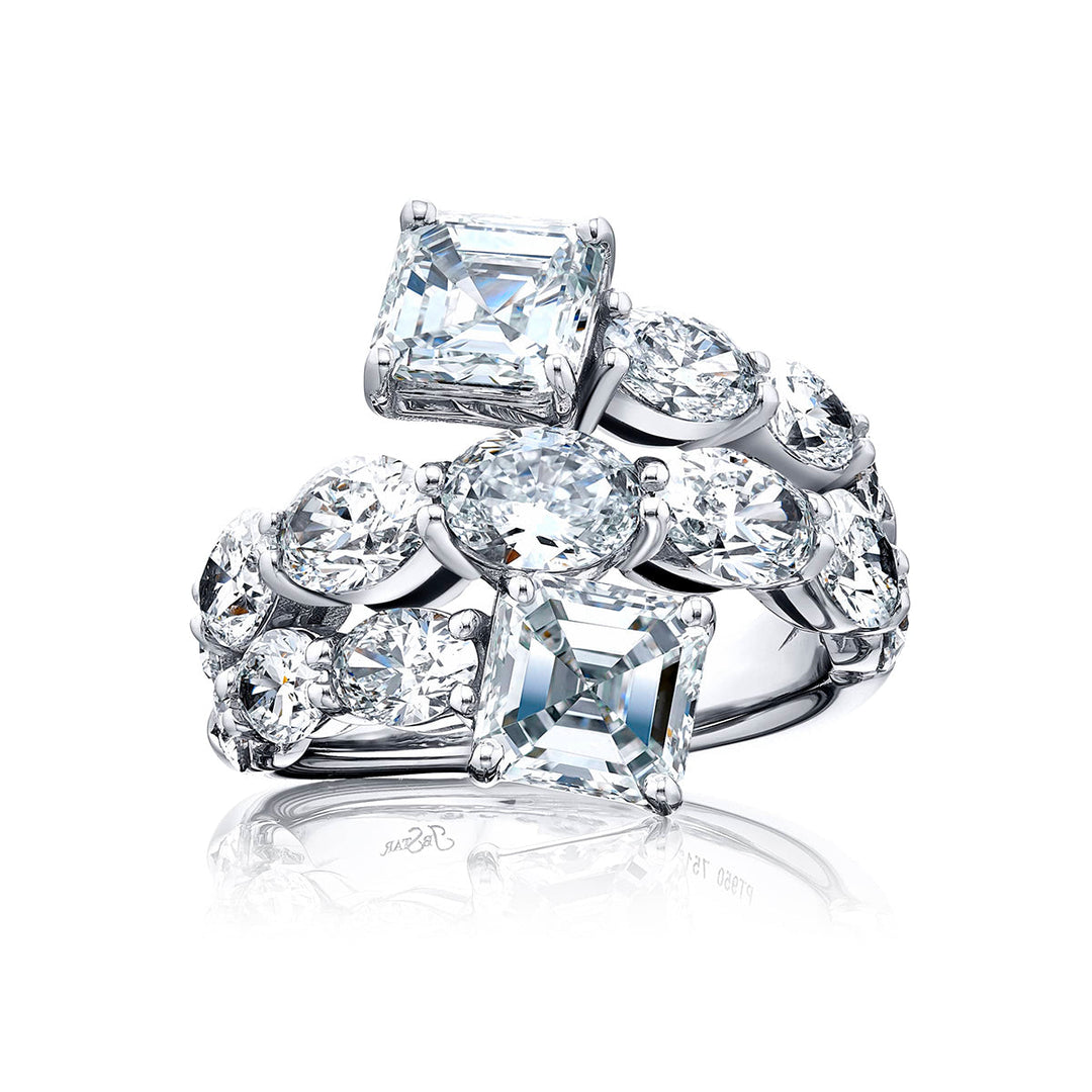 Dazzling Brilliance: Certified Three-Row Diamond Ring  GIA-Certified Emerald-Cut Oval & Pear-Shaped Diamonds in Pure Platinum