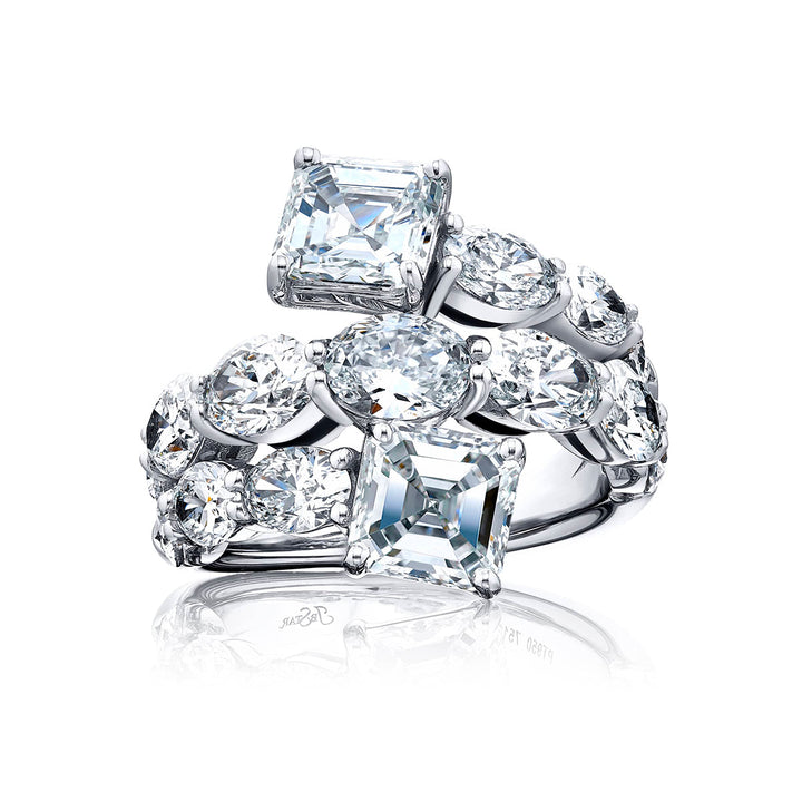 Dazzling Brilliance: Certified Three-Row Diamond Ring  GIA-Certified Emerald-Cut Oval & Pear-Shaped Diamonds in Pure Platinum