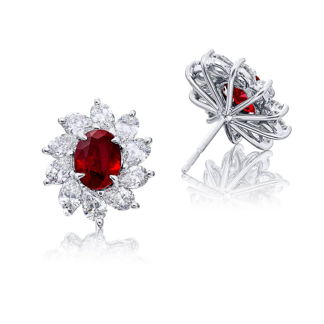 Certified Ruby & Diamond Floral Earrings with Oval Rubies and Pear-Shaped Diamonds in Platinum