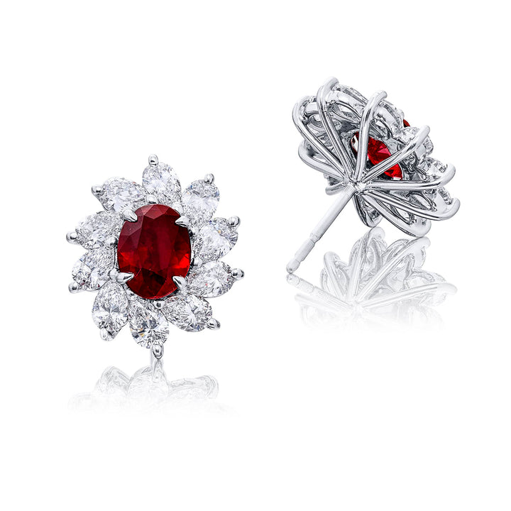 Certified Ruby & Diamond Floral Earrings with Oval Rubies and Pear-Shaped Diamonds in Platinum