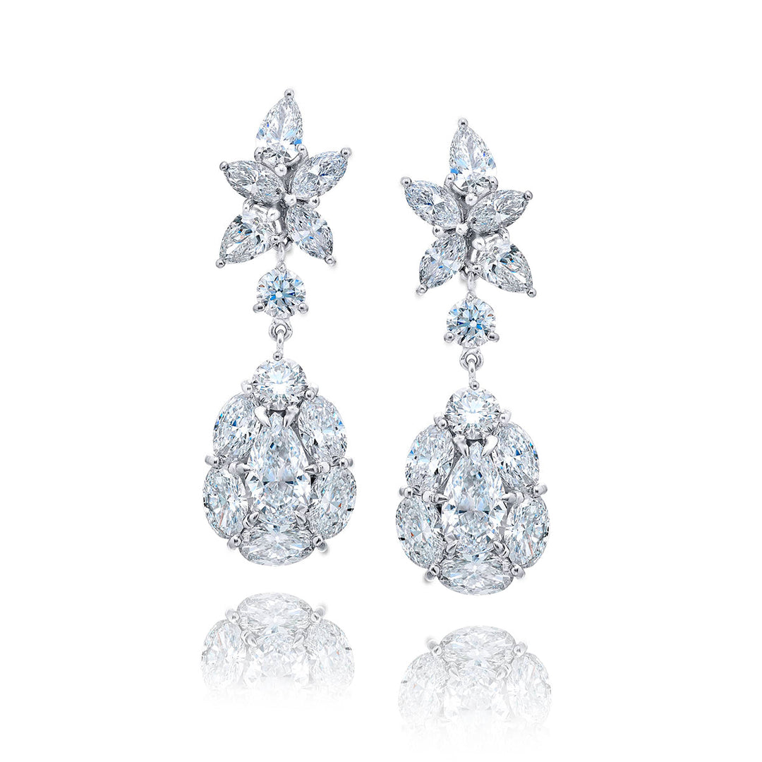 Platinum Pear-Shaped Diamond Floral Drop Earrings