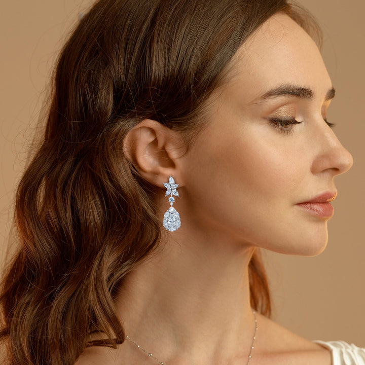 Platinum Pear-Shaped Diamond Floral Drop Earrings