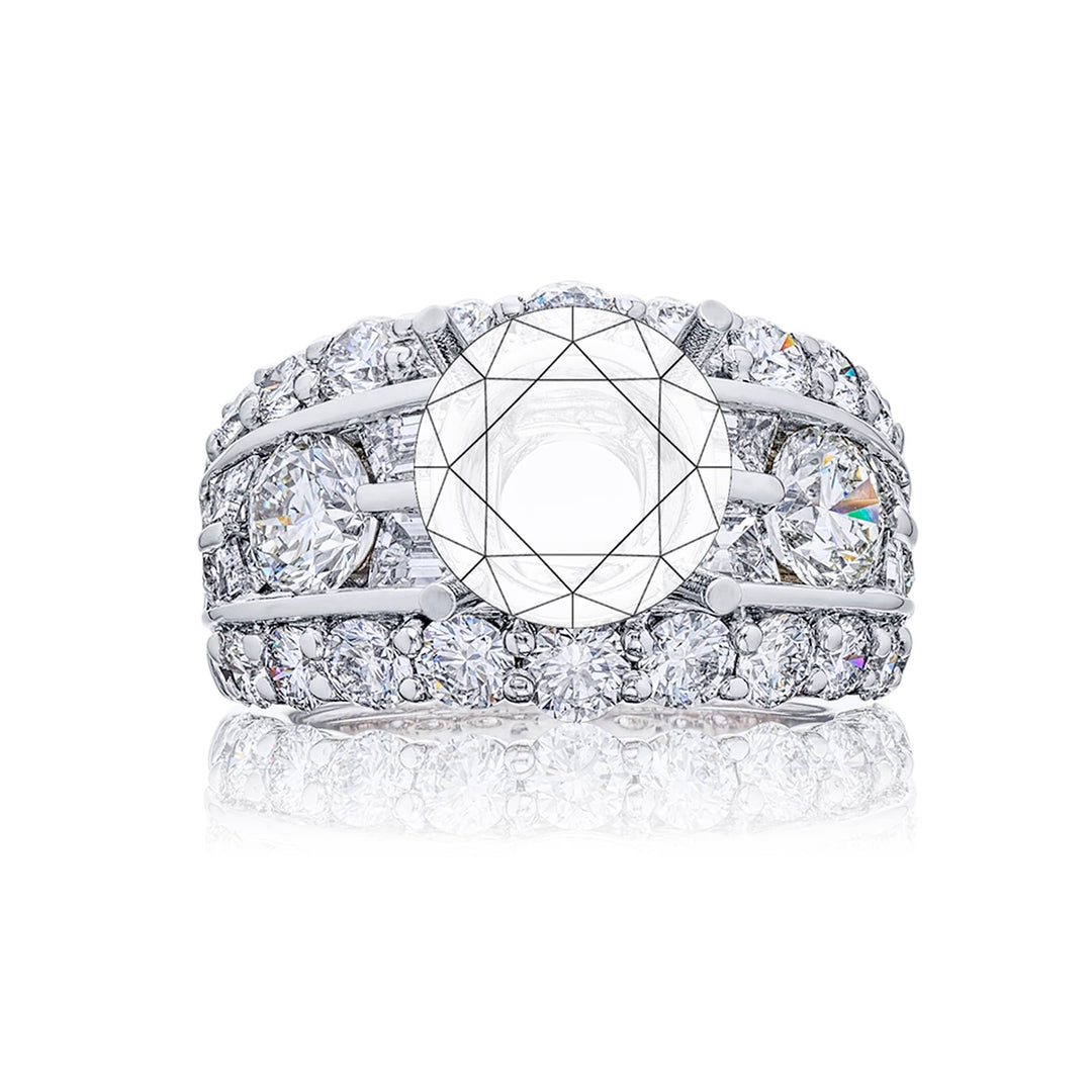 Gorgeous wided iamond semi mount featuring round diamonds and tapered baguette diamonds in a center channel and edged in round diamond pave. Handcrafted in pure platinum.