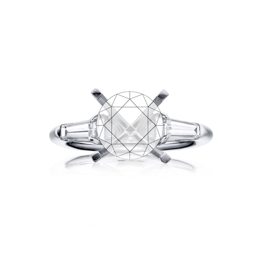 Dazzling Brilliance: Our timeless Diamond Semi-mount. These two tapered baguette diamonds are set in a shared prong setting handcrafted in pure platinum.