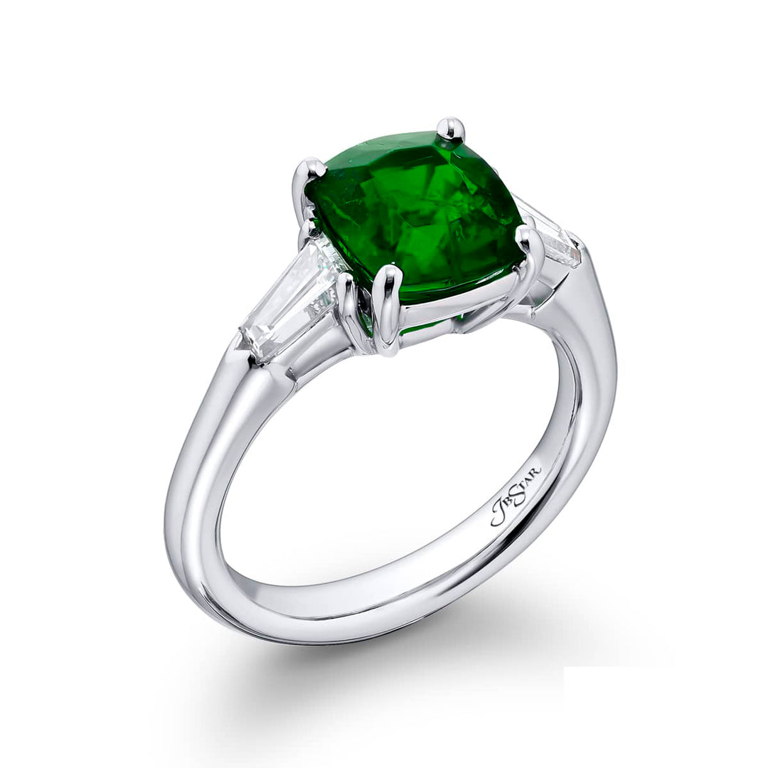 2.28 ct. Certified Cushion-Cut Emerald & Tapered Baguette Diamond Ring in Platinum