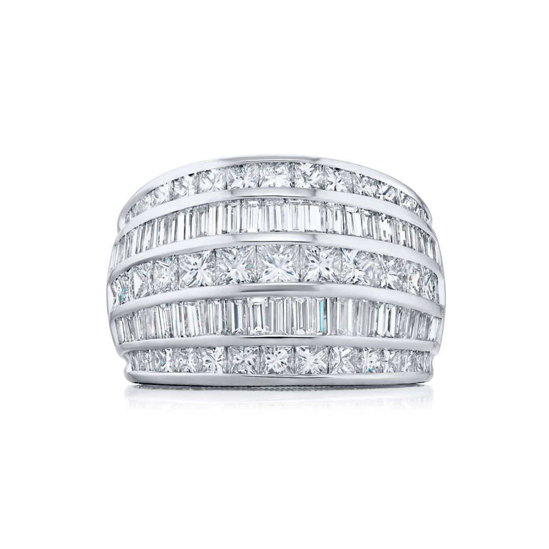 Platinum Princess-Cut and Straight Baguette Diamond Five Row Band