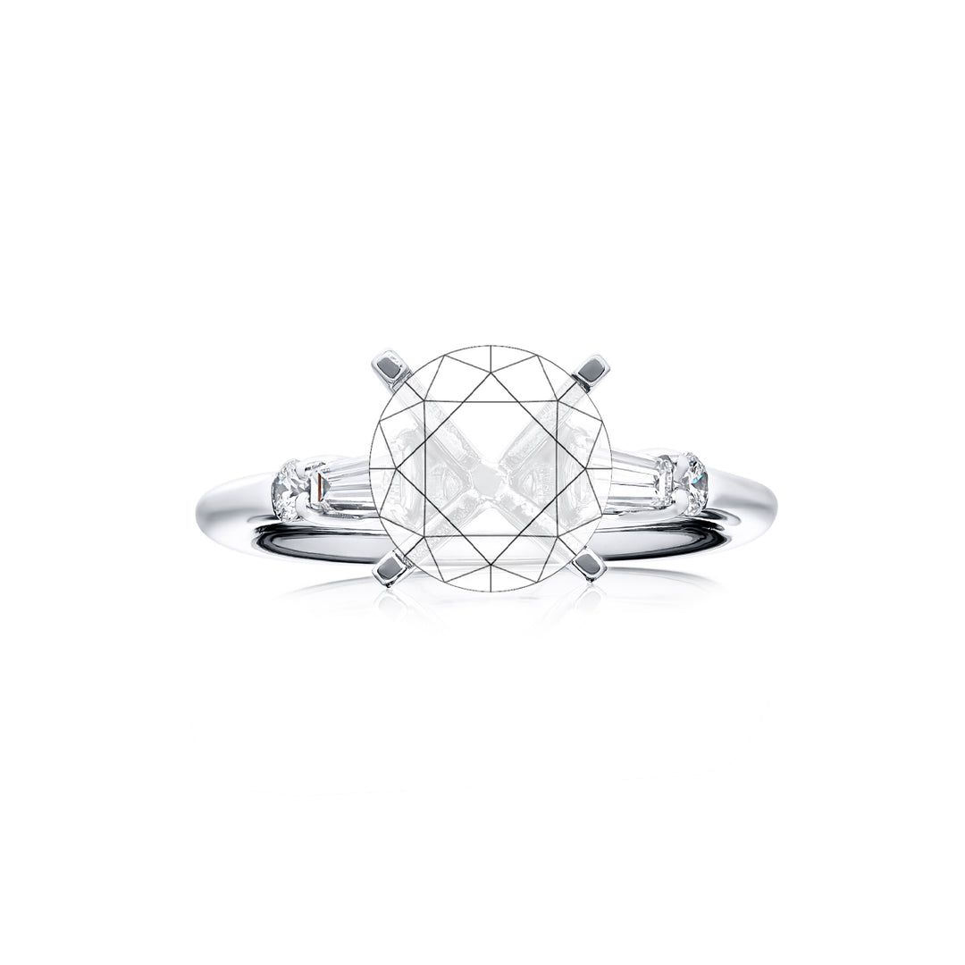 Dazzling Brilliance: Our timeless Diamond Semi-mount. These two beautiful tapered baguette diamonds and two dazzling round diamonds are handcrafted in pure platinum.