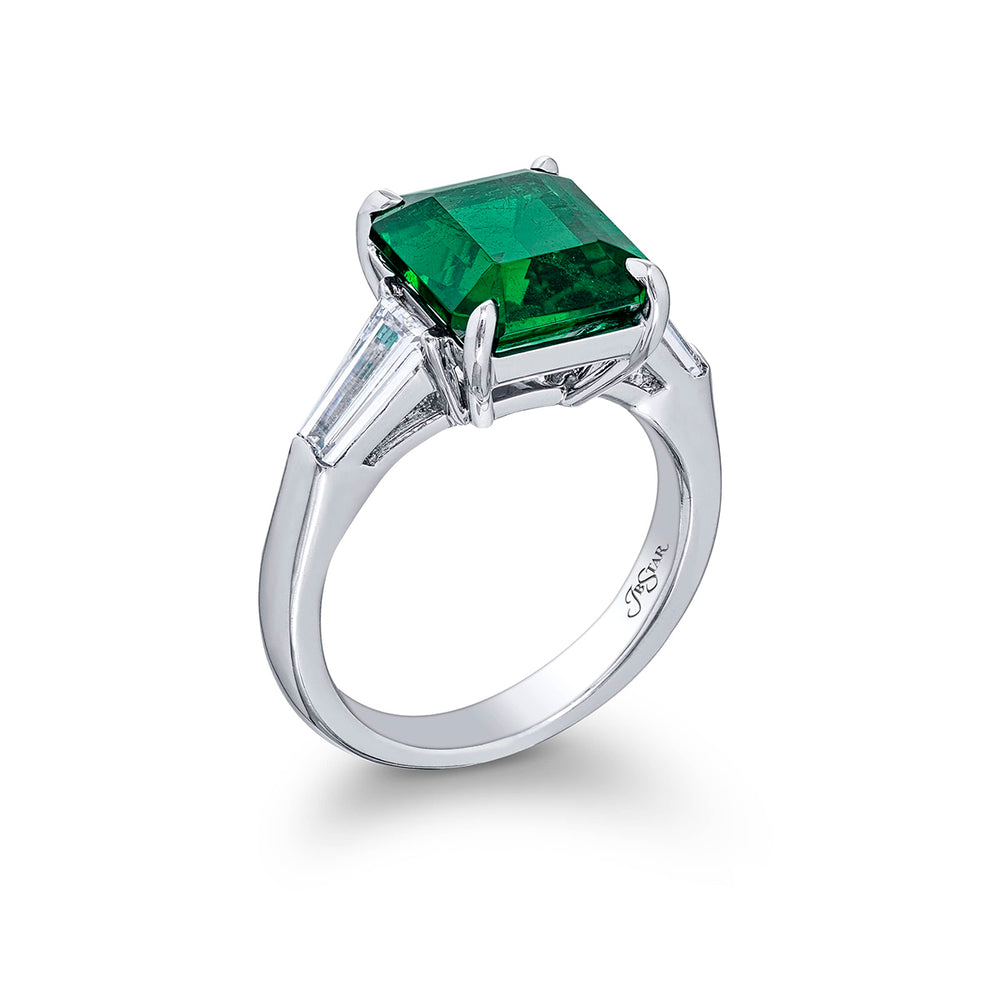 Platinum Emerald-Cut Vivid Emerald Certified Ring
