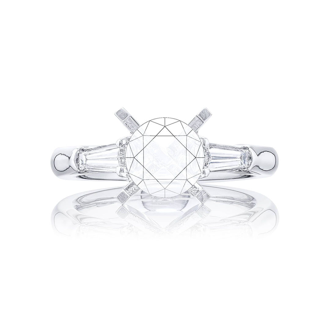 Gorgeous diamond semi-mount featuring two tapered baguette diamonds in a shared prong setting. Handcrafted in pure platinum.