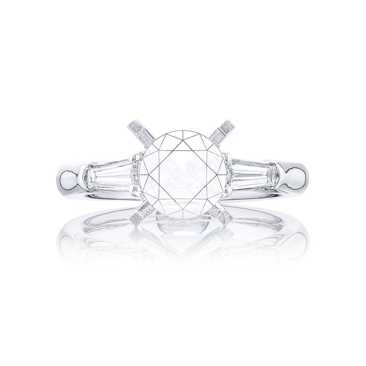 Gorgeous diamond semi-mount featuring two tapered baguette diamonds in a shared prong setting. Handcrafted in pure platinum.