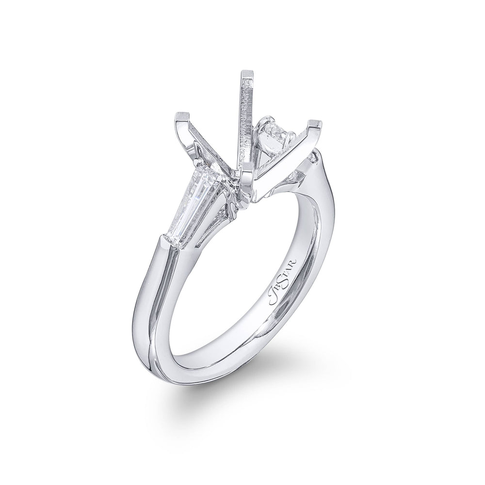 Gorgeous diamond semi-mount featuring two tapered baguette diamonds in a shared prong setting. Handcrafted in pure platinum.