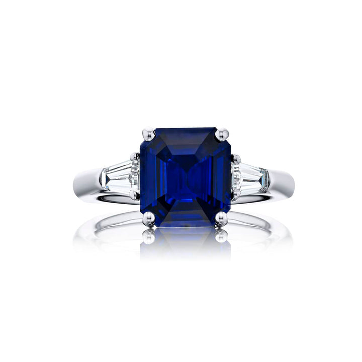 3.48 ct. Certified Sri Lankan Sapphire Ring with Tapered Baguette Diamonds in Platinum