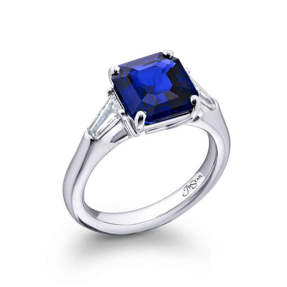 3.48 ct. Certified Sri Lankan Sapphire Ring with Tapered Baguette Diamonds in Platinum