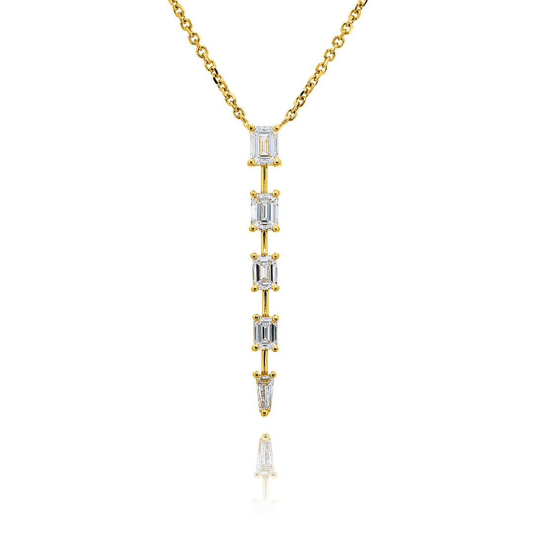 Exquisite Style: Our Unique Diamond Drop Pendant  Emerald-Cut Diamonds & Tapered Baguette Diamonds in 18KY Gold