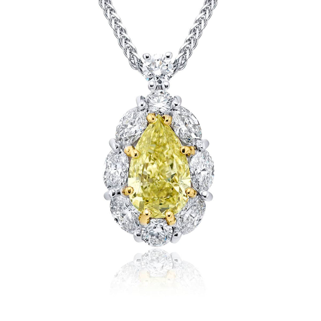 Exquisite Style: Timeless 1.92 ct. GIA-Certified Encircled Fancy Yellow Diamond Pendant  Pear-Shaped Fancy Yellow Diamond with Round & Oval Diamonds in Pure Platinum