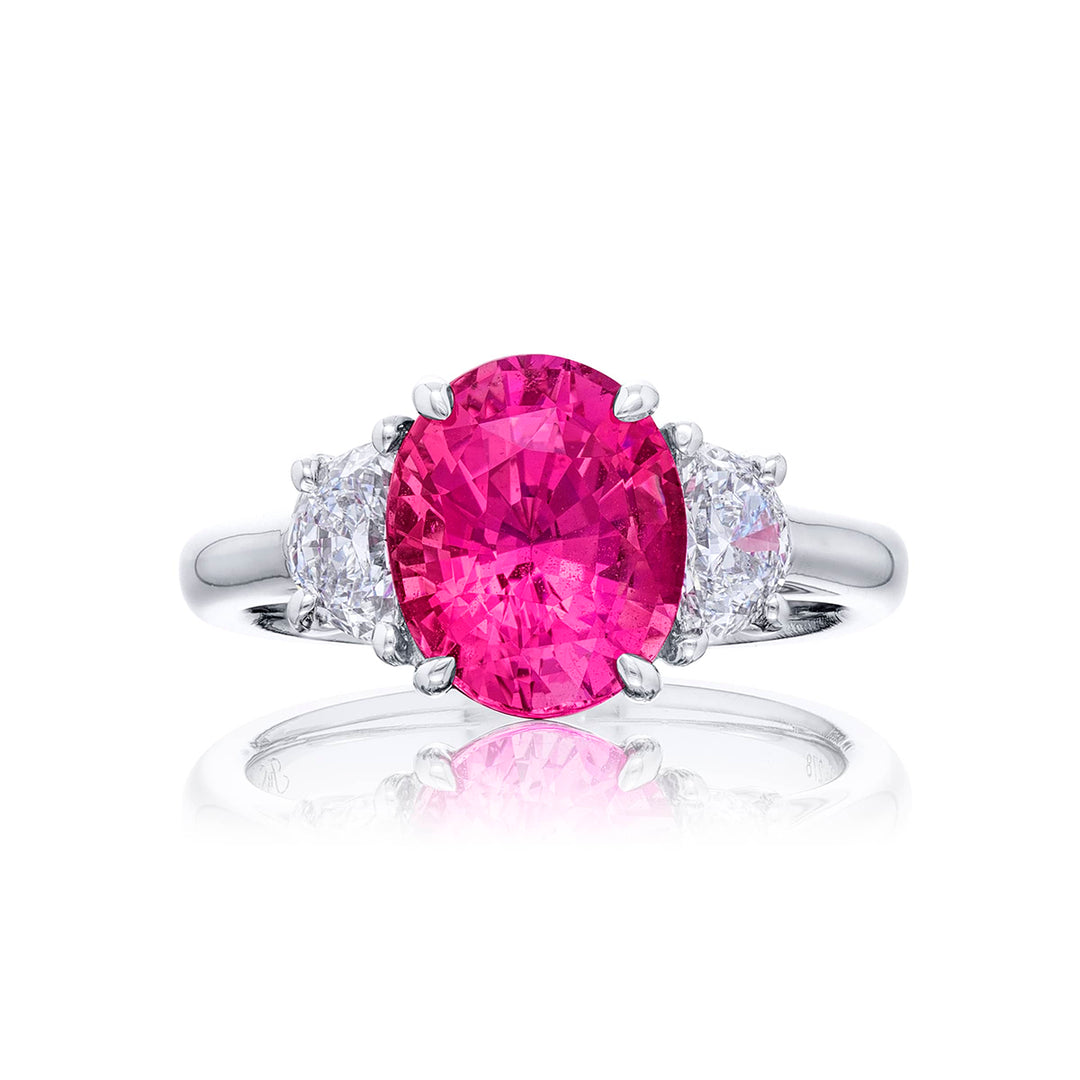 4.08 ct. No-Heat Oval Pink Sapphire and Half-Moon Diamond Ring in Platinum