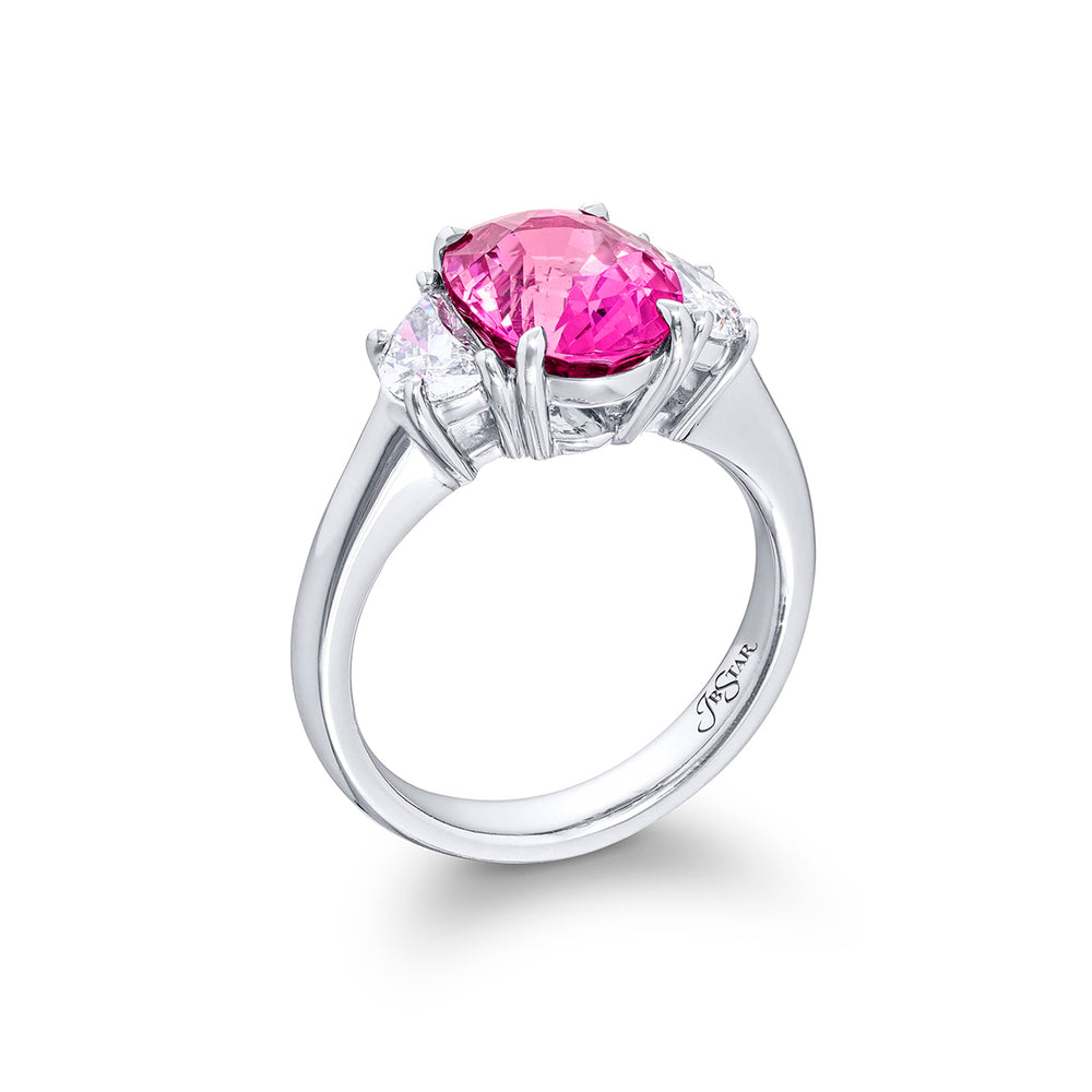 4.08 ct. No-Heat Oval Pink Sapphire and Half-Moon Diamond Ring in Platinum