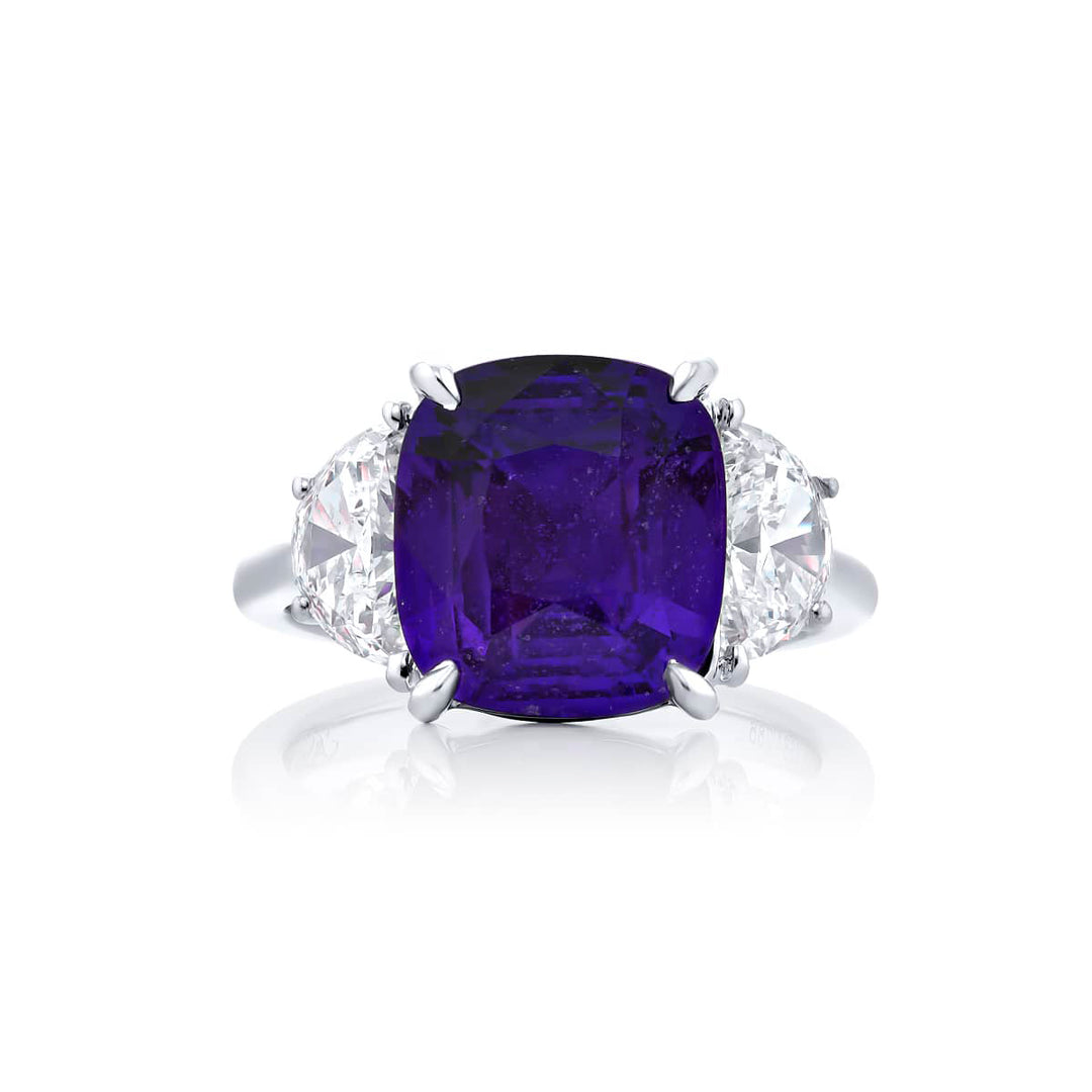 7.29 ct. Cushion-Cut No-Heat Purple Sapphire and Half-Moon Diamond Ring in Platinum
