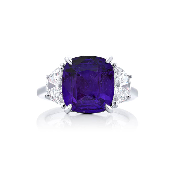 7.29 ct. Cushion-Cut No-Heat Purple Sapphire and Half-Moon Diamond Ring in Platinum