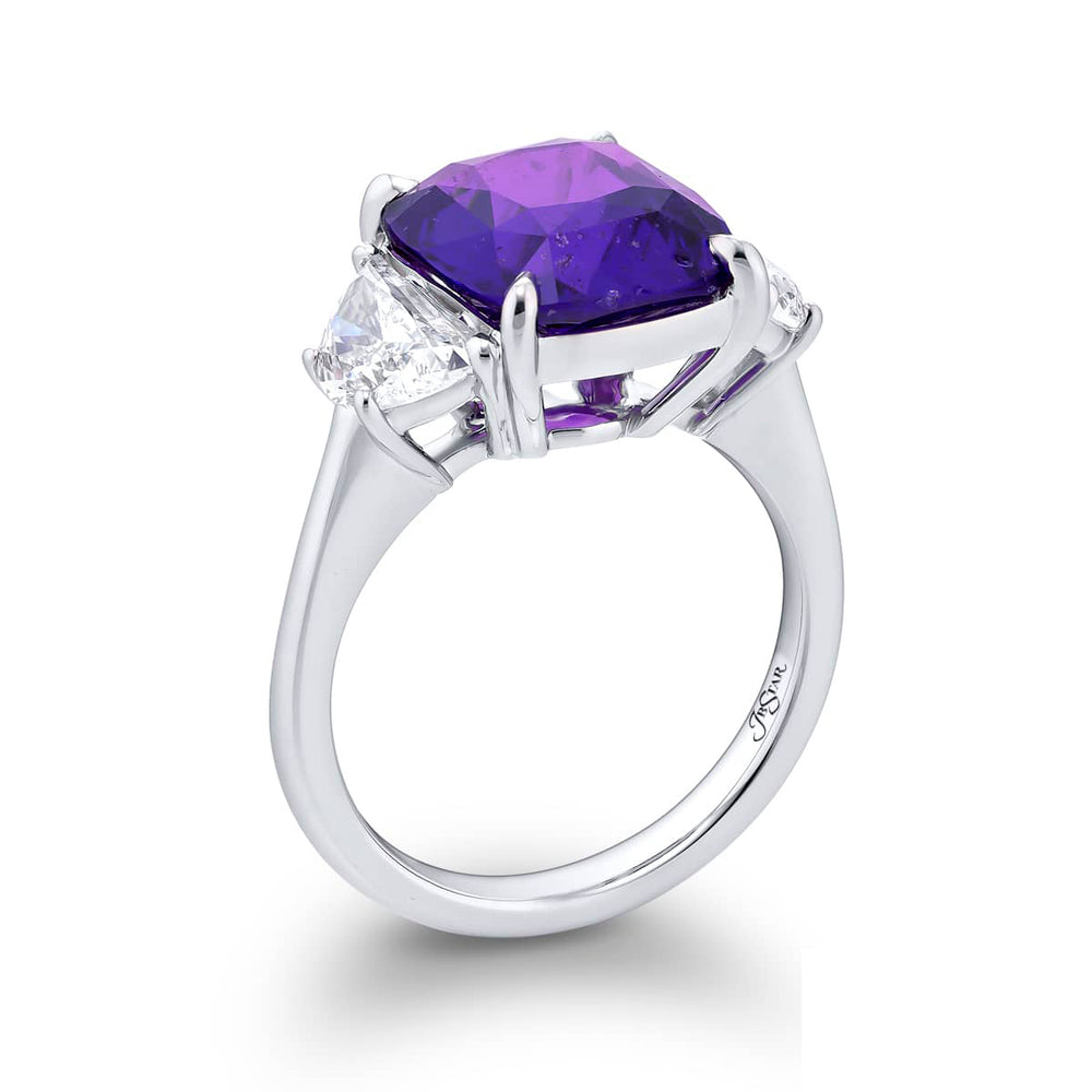 7.29 ct. Cushion-Cut No-Heat Purple Sapphire and Half-Moon Diamond Ring in Platinum