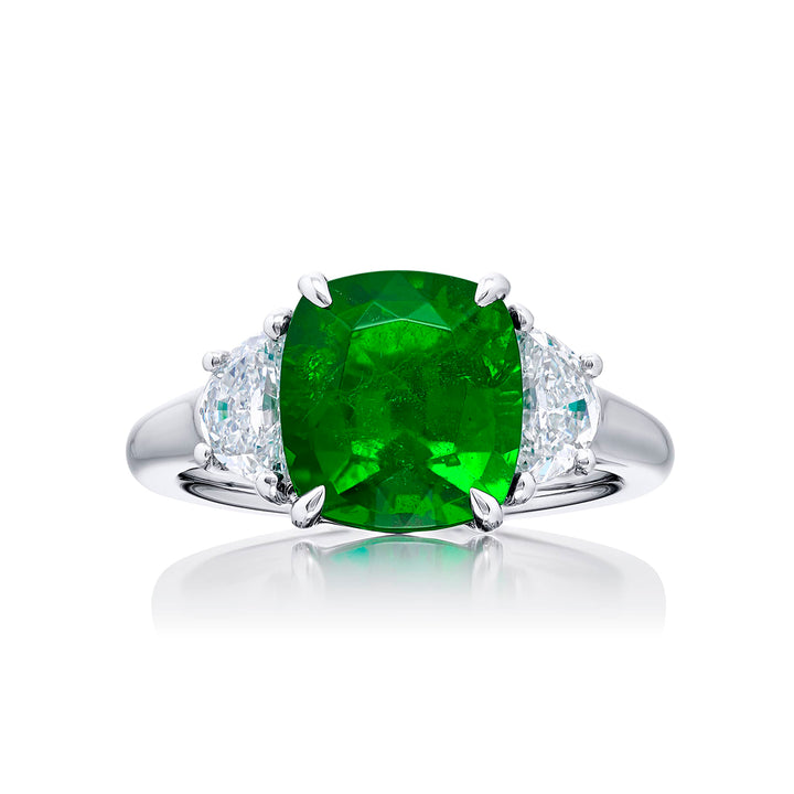 3.40 ct. Vivid Green Cushion-Cut Emerald and Half-Moon Diamond Ring in Platinum