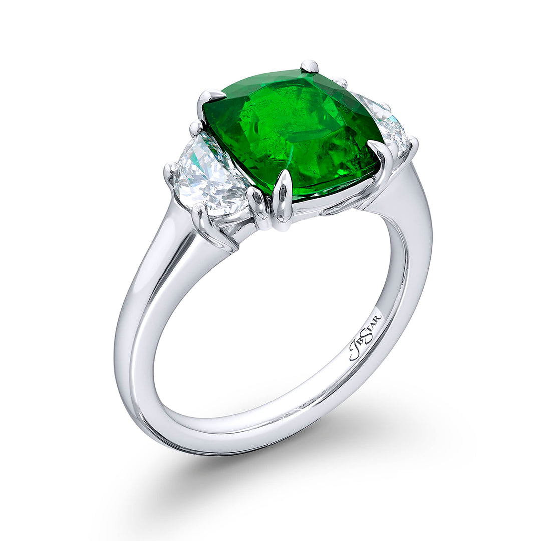 3.40 ct. Vivid Green Cushion-Cut Emerald and Half-Moon Diamond Ring in Platinum