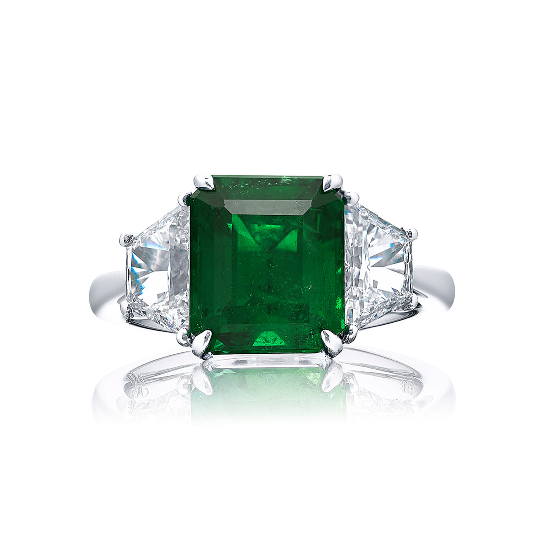 4.00 ct. Certified Vivid Green Emerald-Cut Emerald and Diamond Ring in Platinum