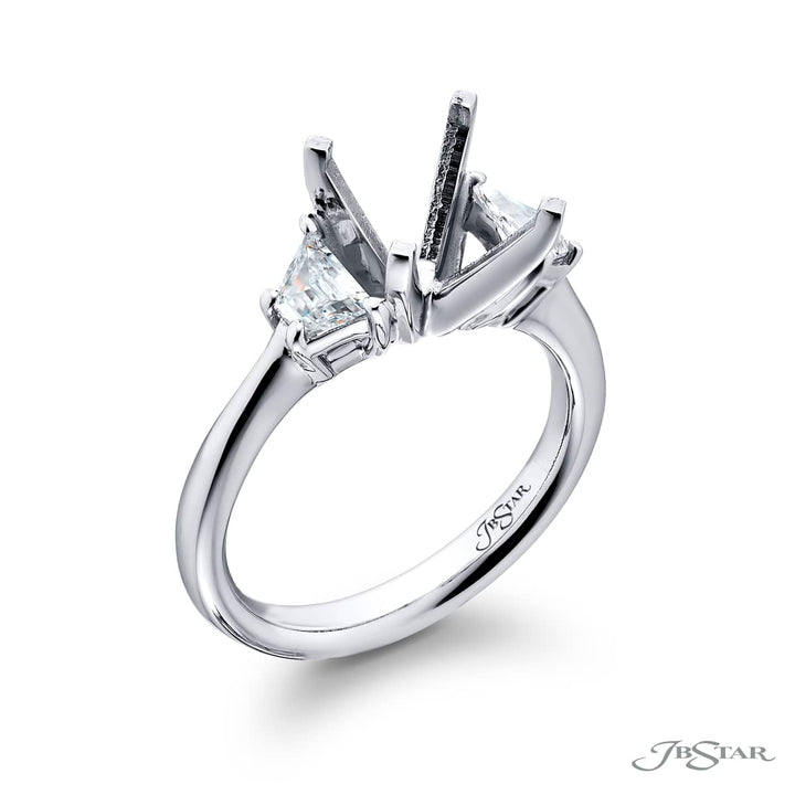 Dazzling Brilliance: Our beautiful Diamond Semi-mount. These two stunning trapezoid diamonds in a shared prong setting are handcrafted in pure platinum.
