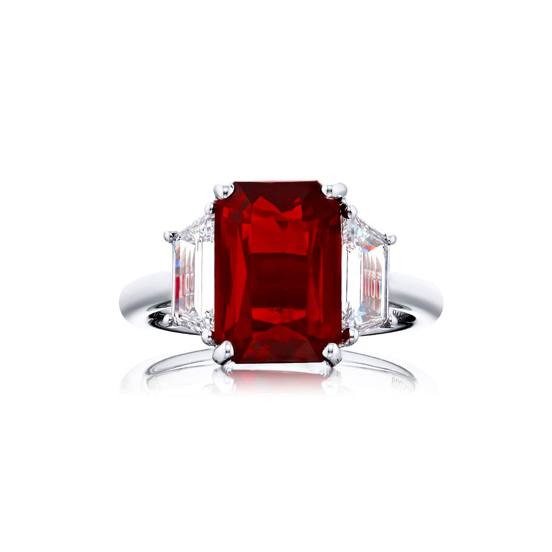 4.86 ct. No-Heat Vivid Emerald-Cut Ruby and Diamond Ring in Platinum