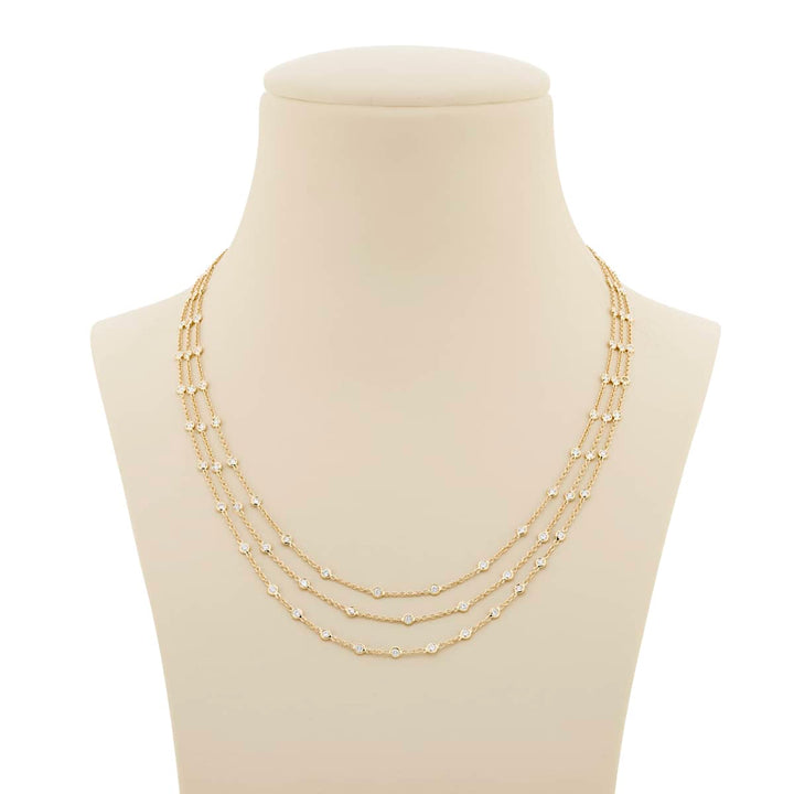 18K Yellow Gold Round Diamond Three-Row Bezel Necklace