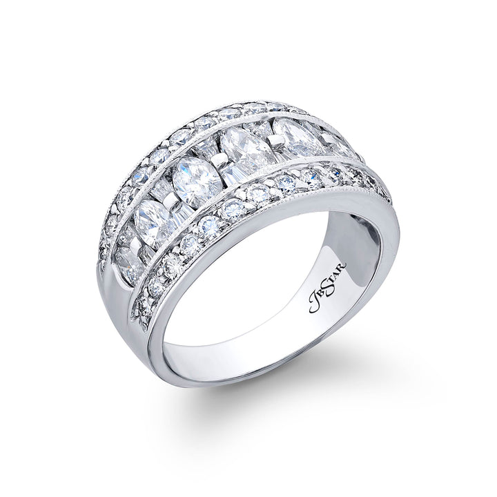 Elegance Elevated: Our beautiful Channel Three-Row Diamond Band. These beautiful marquise diamonds blended with tapered baguettes and pave diamonds are handcrafted in pure platinum.