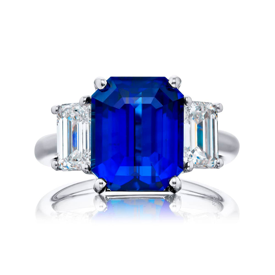 6.27 ct. GIA Certified Sri Lankan Emerald-Cut Sapphire and Diamond Ring in Platinum