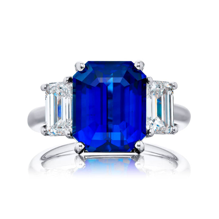 6.27 ct. GIA Certified Sri Lankan Emerald-Cut Sapphire and Diamond Ring in Platinum