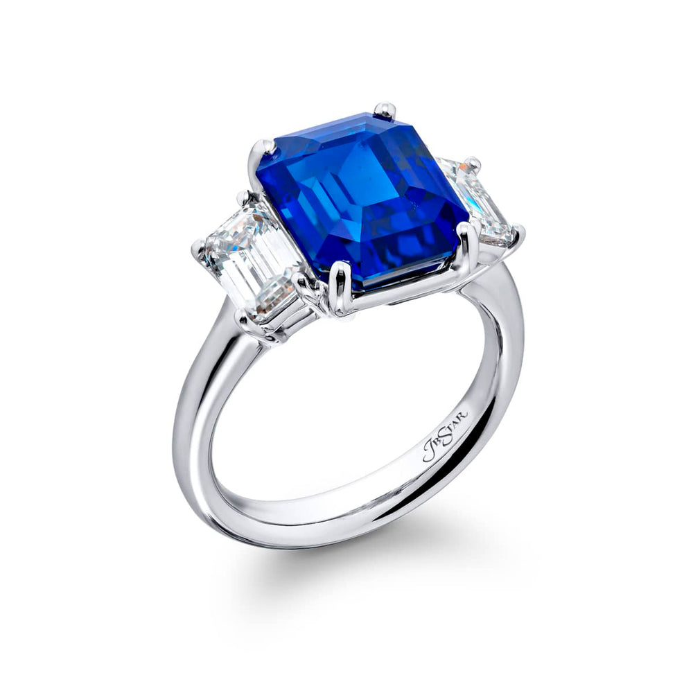 6.27 ct. GIA Certified Sri Lankan Emerald-Cut Sapphire and Diamond Ring in Platinum