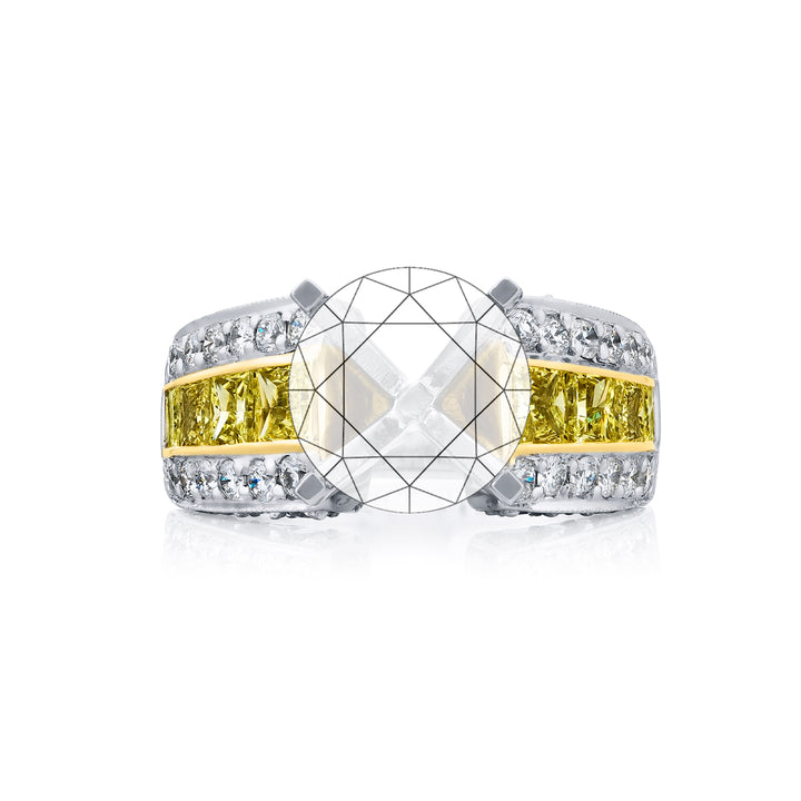 Dazzling Brilliance: Our timeless Diamond Semi-mount. These stunning princess-cut fancy yellow diamonds and micro pave diamonds are set in a channel set handcrafted in pure platinum and 18KY gold.