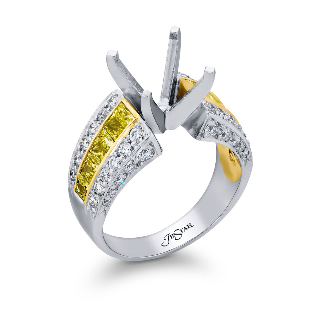 Dazzling Brilliance: Our timeless Diamond Semi-mount. These stunning princess-cut fancy yellow diamonds and micro pave diamonds are set in a channel set handcrafted in pure platinum and 18KY gold.