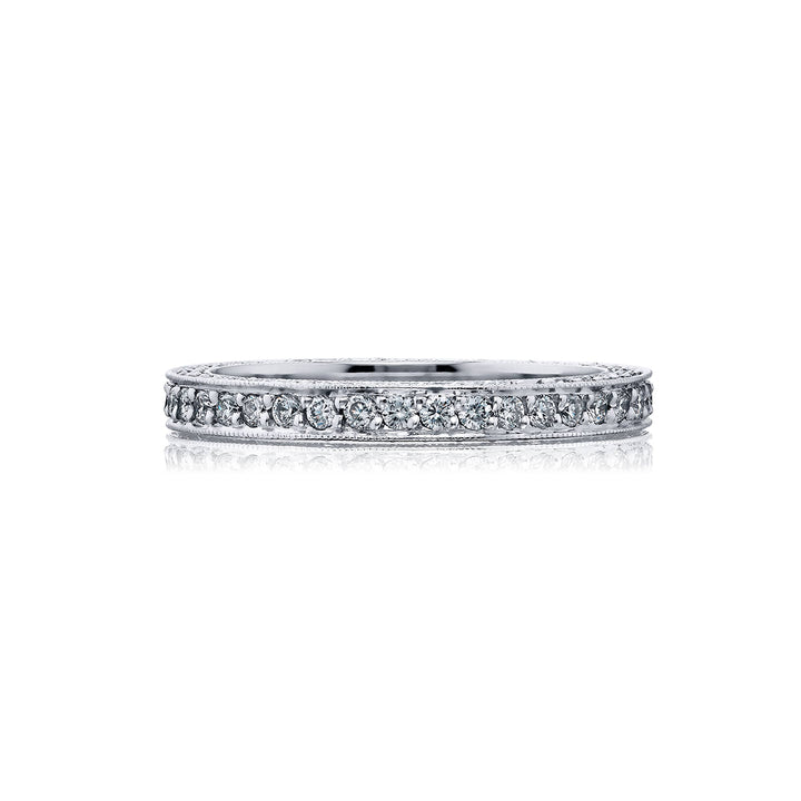 Alluring Eternity: Our classic Pave Diamond Eternity Band. These three-sided pave diamonds are handcrafted in pure platinum.