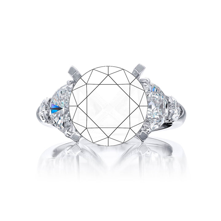 Dazzling Brilliance: Our timeless Diamond Semi-mount. These two half-moon diamonds accompanied by two beautiful shield diamonds are handcrafted in pure platinum.