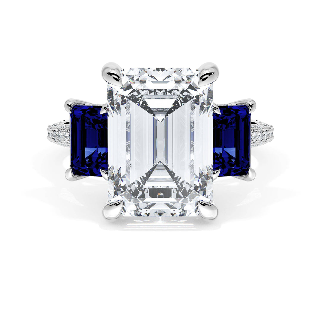 Emerald 3-Stone Engagement Ring in Blue Sapphire