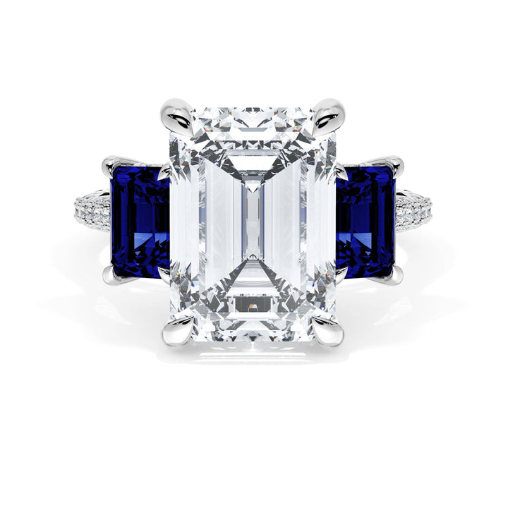Emerald 3-Stone Engagement Ring in Blue Sapphire