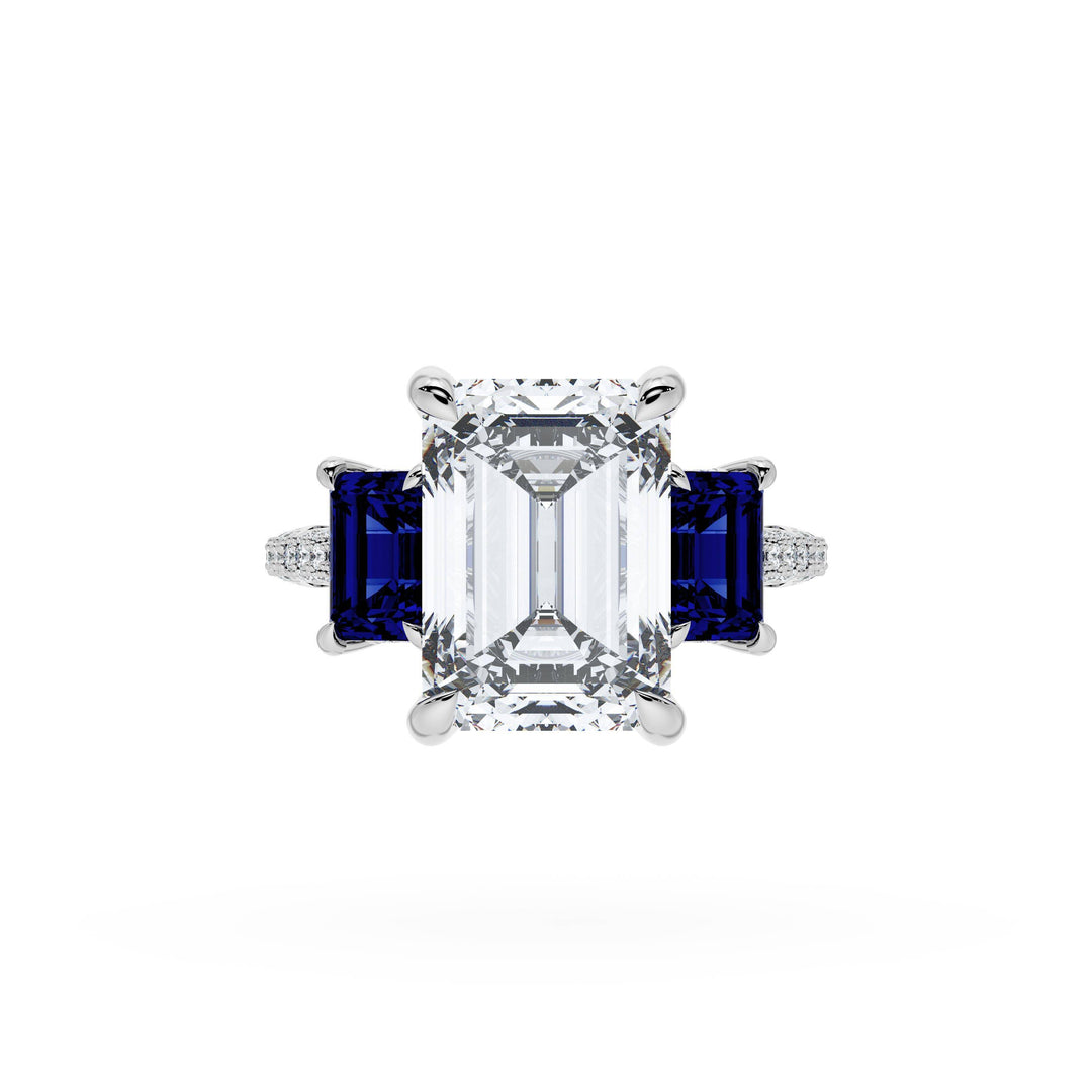 Emerald 3-Stone Engagement Ring in Blue Sapphire