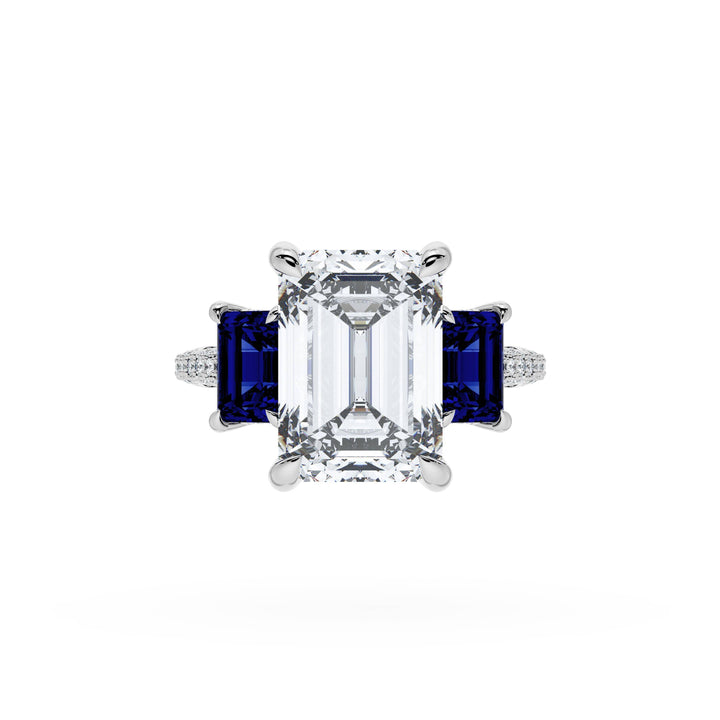 Emerald 3-Stone Engagement Ring in Blue Sapphire