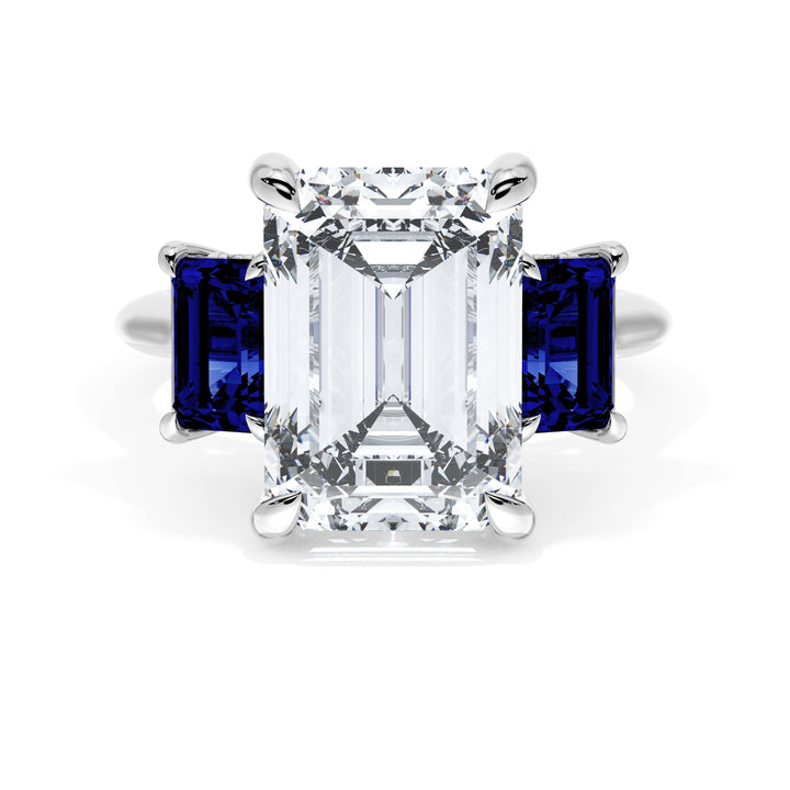 Emerald 3-Stone Engagement Ring in Blue Sapphire