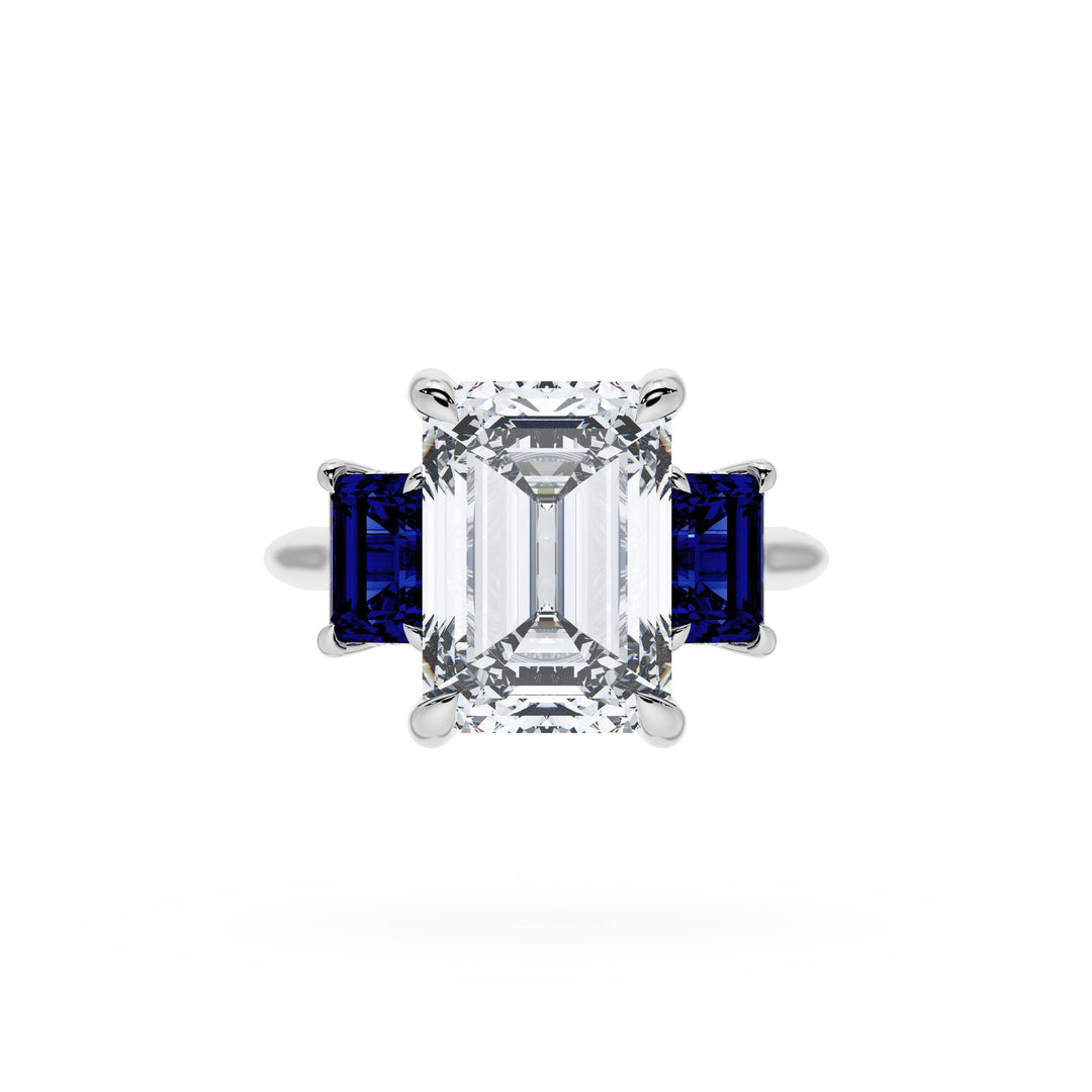 Emerald 3-Stone Engagement Ring in Blue Sapphire