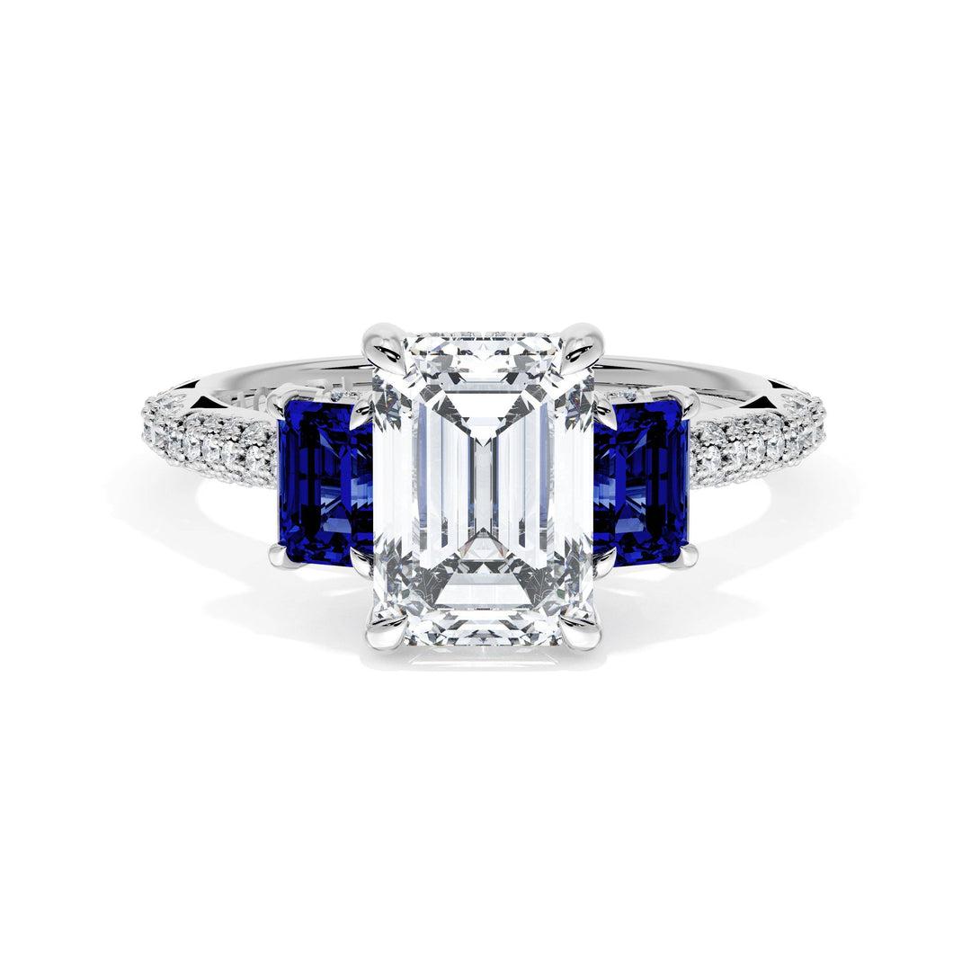 Emerald 3-Stone Engagement Ring in Blue Sapphire